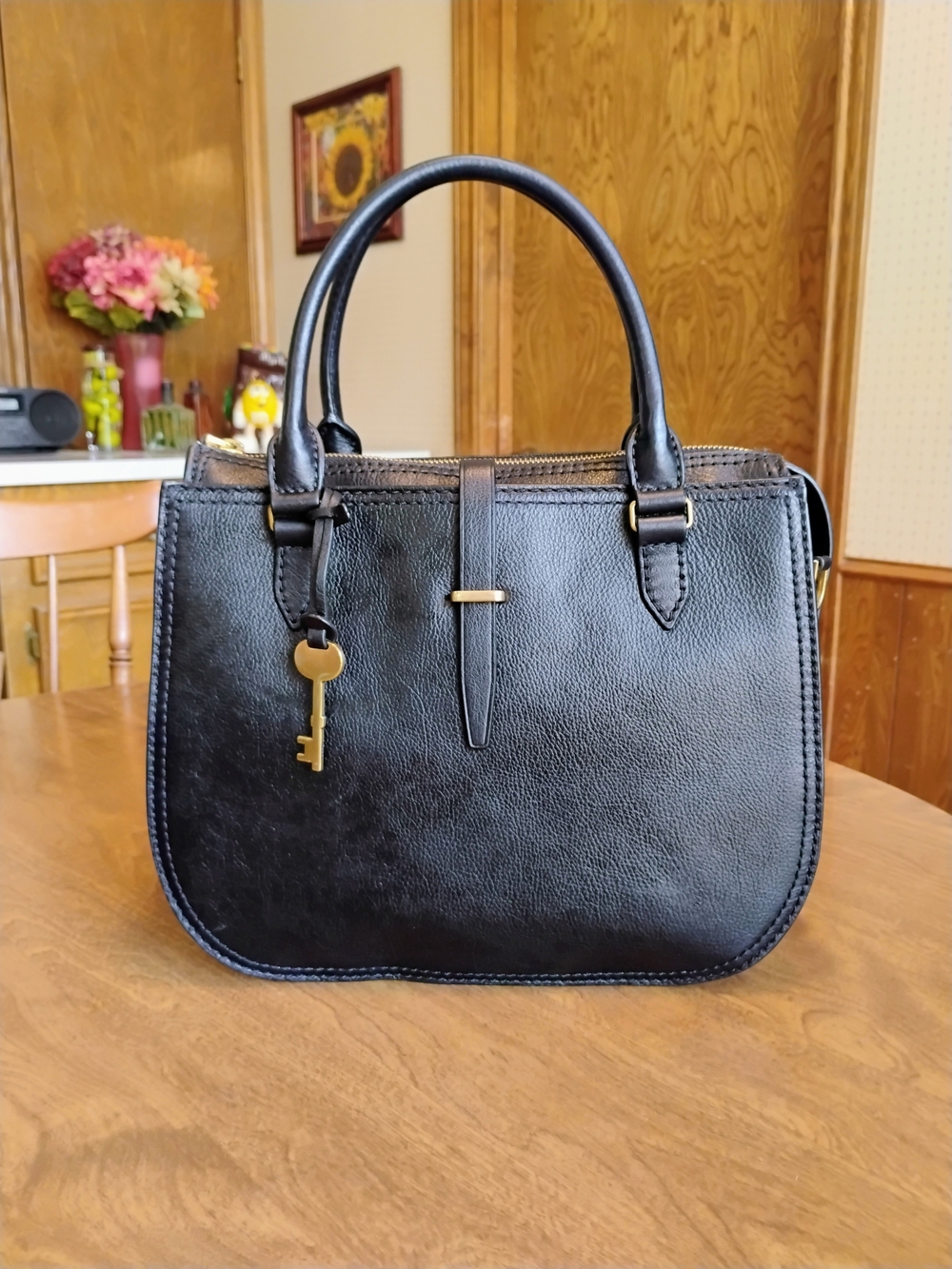 Fossil Ryder Black Sturdy Smooth Leather Satchel/Cross Body Bag W/ Gold Hardware
